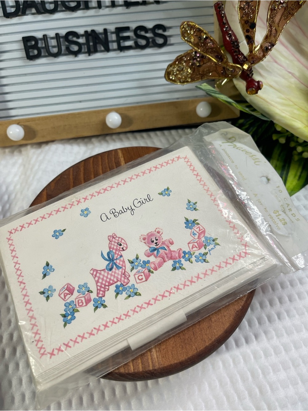 Vintage 'A Baby Girl' Pink Floral Baby Cards Pack